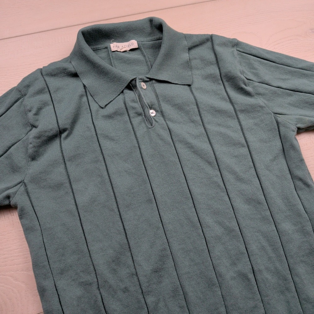 Far Afield Organic Cotton Jacob Knit Polo Shirt Mens 2 Sage Green Texture Stripe